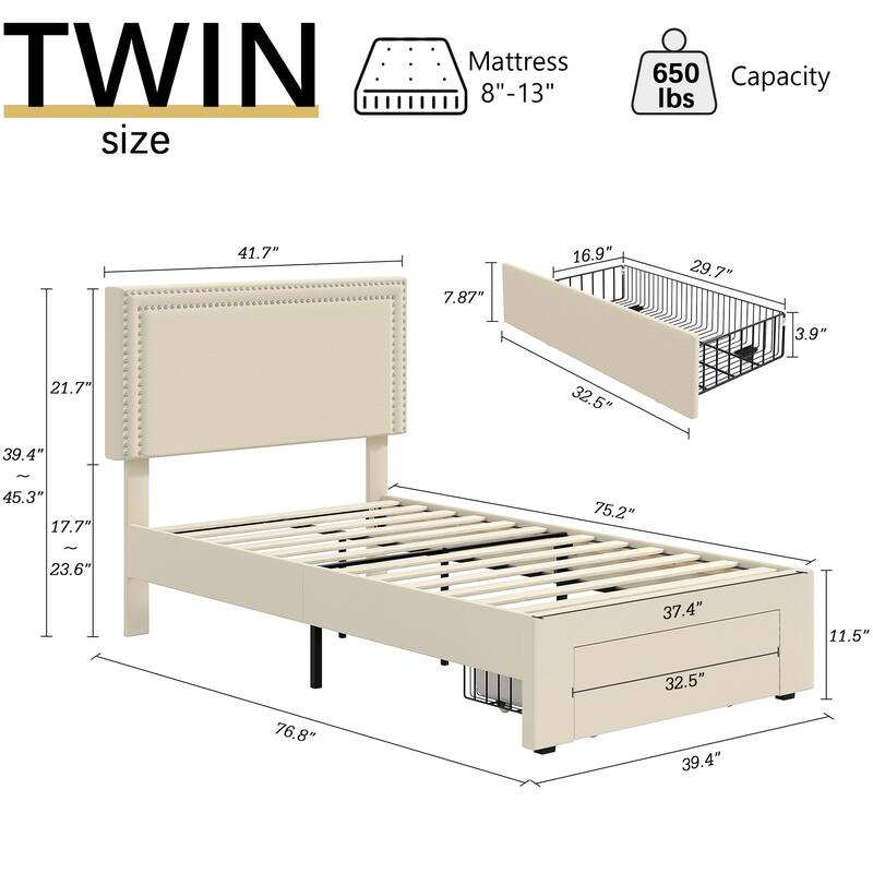 VECELO Upholstered Storage Bed Frames with 4 Storage Drawers, Platform Bed Frame with Adjustable Velvet Rivets Headboard