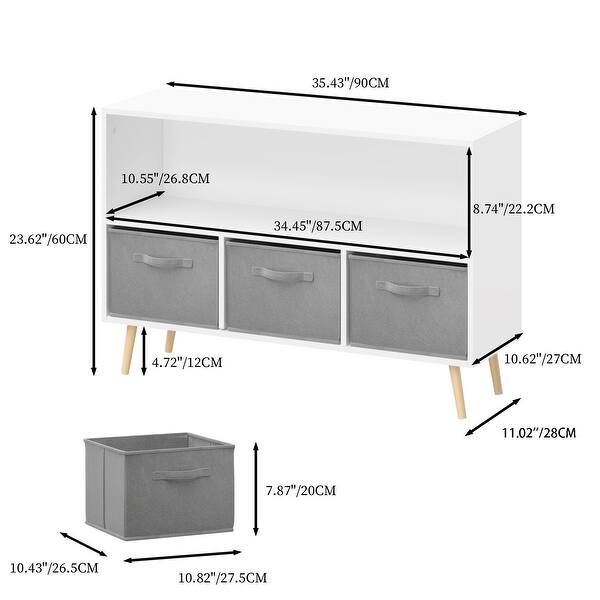dimension image slide 1 of 2, Kids bookcase with Collapsible Fabric Drawers，Made of High-Density MDF - Easy Setup