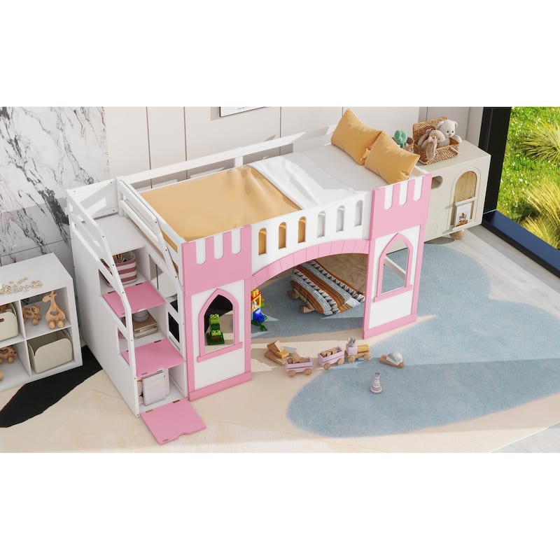 Twin Size Loft Bed with Storage Staircase and Window, Wood Twin Loft Bunk Bedframe w/Full-Length Guardrail, No Box Spring Needed