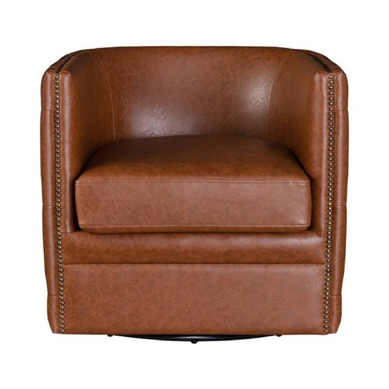 Roomfitters Tufted Barrel Swivel Accent Chair, 360 Degree Faux Leather Lounge Chair with Nailhead Trim for Living Room, Brown - Brown
