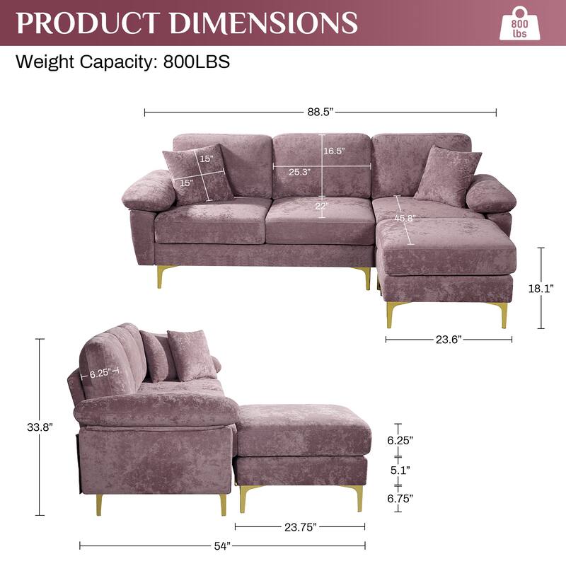 Ouyessir 2-Pieces Upholstered Velvet Sectional Sofa with 2 Pillows & Ottoman