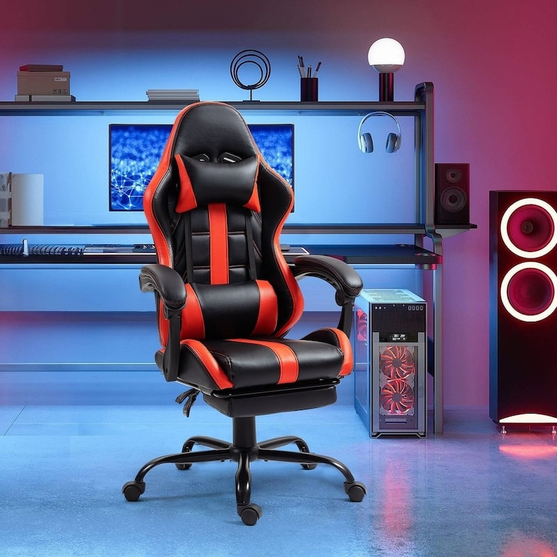 EROMMY RGB LED Gaming Chair with Thickened Massage Lumbar Pillow & Upgraded Footrest, Reclining Ergonomic Chair - Red
