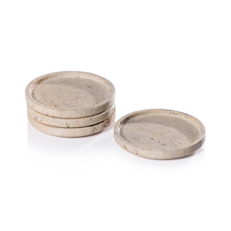 4.5' Round Marble Coasters, Set of 4 - Beige Travertine