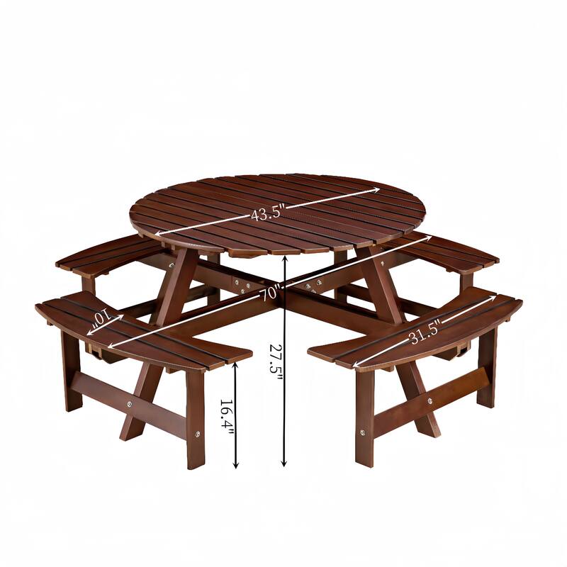 Anmytek 8 Person Round Picnic Table with Benches Solid Wood Outdoor Patio Garden Backyard Set