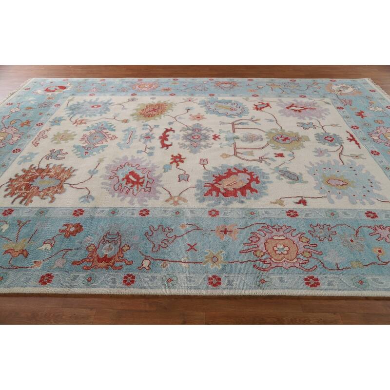 Floral Ivory Oushak Oriental Area Rug Hand-Knotted Wool Carpet - 9'1"x 12'0"