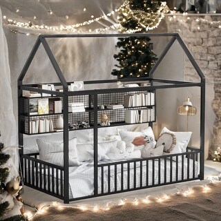 Black Space-Saving Twin Size Kids Bed House Bed with Fence and Shelves