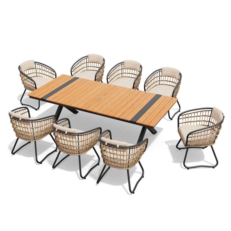 9-Piece Set Outdoor Aluminum Dining Table with Cushioned PE Rattan Chairs