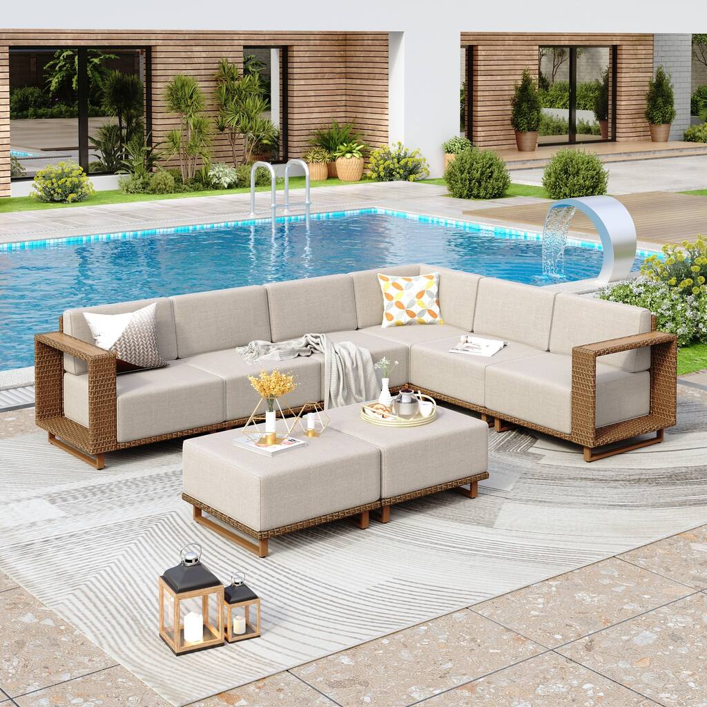 MAISON ARTS 6-Piece Modular Arc Rattan Sofa Set - Wide Armrests & Thick Cushions | Durable PE Wicker & Wood-Plastic.
