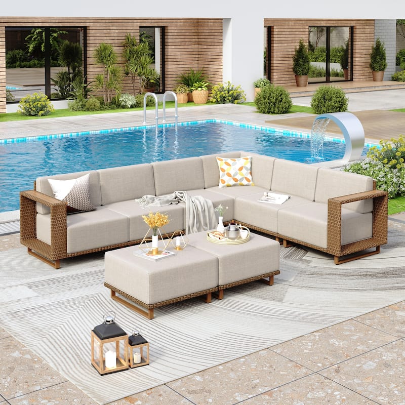 MAISON ARTS 6-Piece Modular Arc Rattan Sofa Set - Wide Armrests & Thick Cushions | Durable PE Wicker & Wood-Plastic. - G.