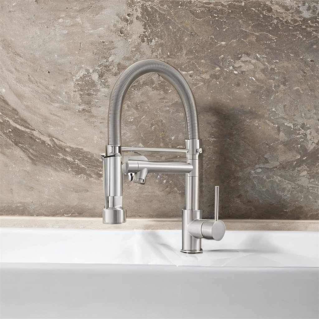 Commercial Pull-Down Kitchen Faucet w/ Spring Sprayer - Brushed Nickel
