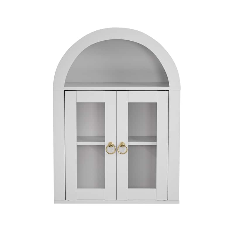 Wall Mounted Arched Cabinet with Glass Doors, Light and Adjustable Shelves for Laundry Room, Bathroom, Kitchen - White
