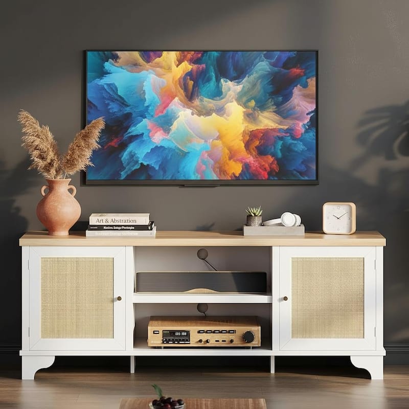 Boho TV Stand, with 2 Cabinets & Open Shelf - White
