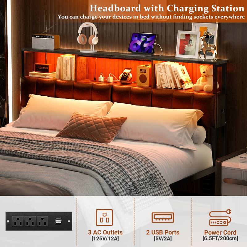 Upholstered Headboard with Hidden Drawer, Head Board with Power Outlet and LED Light