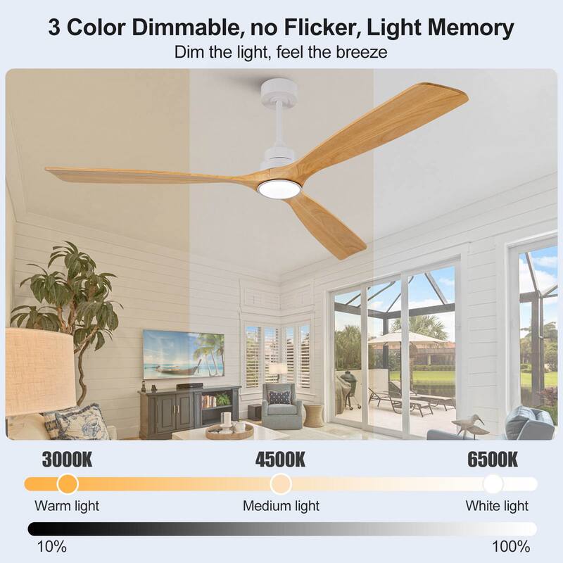 72 Inch Modern Ceiling Fan With 3 Color Dimmable 3 Solide Wood Blades Remote Control Reversible DC Motor With Led Light