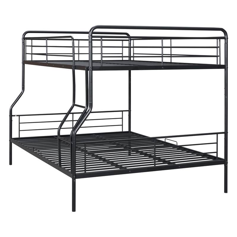 Full XL Over Black Queen Bunk Bed Heavy-Duty Metal Bunk Bed with Ladder & High Guardrail, Convertible into Two Beds