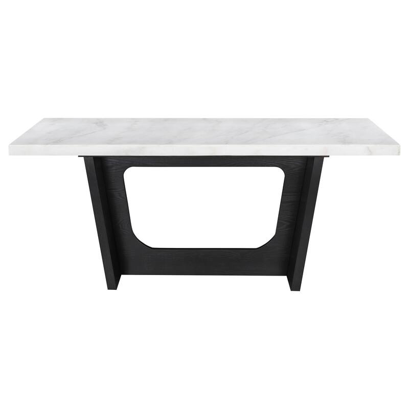 Shoy 72 Inch Dining Table, Rectangular White Marble Top, Trestle, Brown