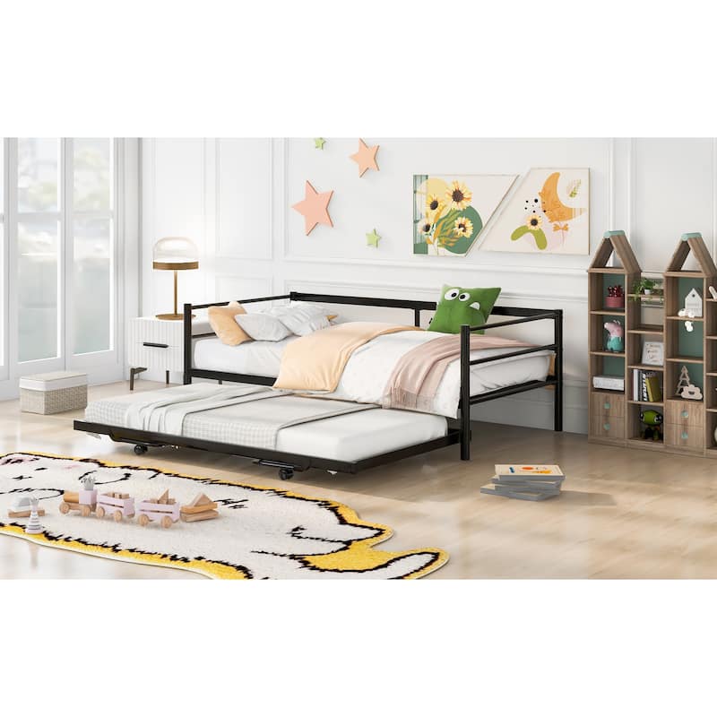 Industrial Metal Daybed with Pop-Up Trundle, Twin Bed Frame with Adjustable Trundle