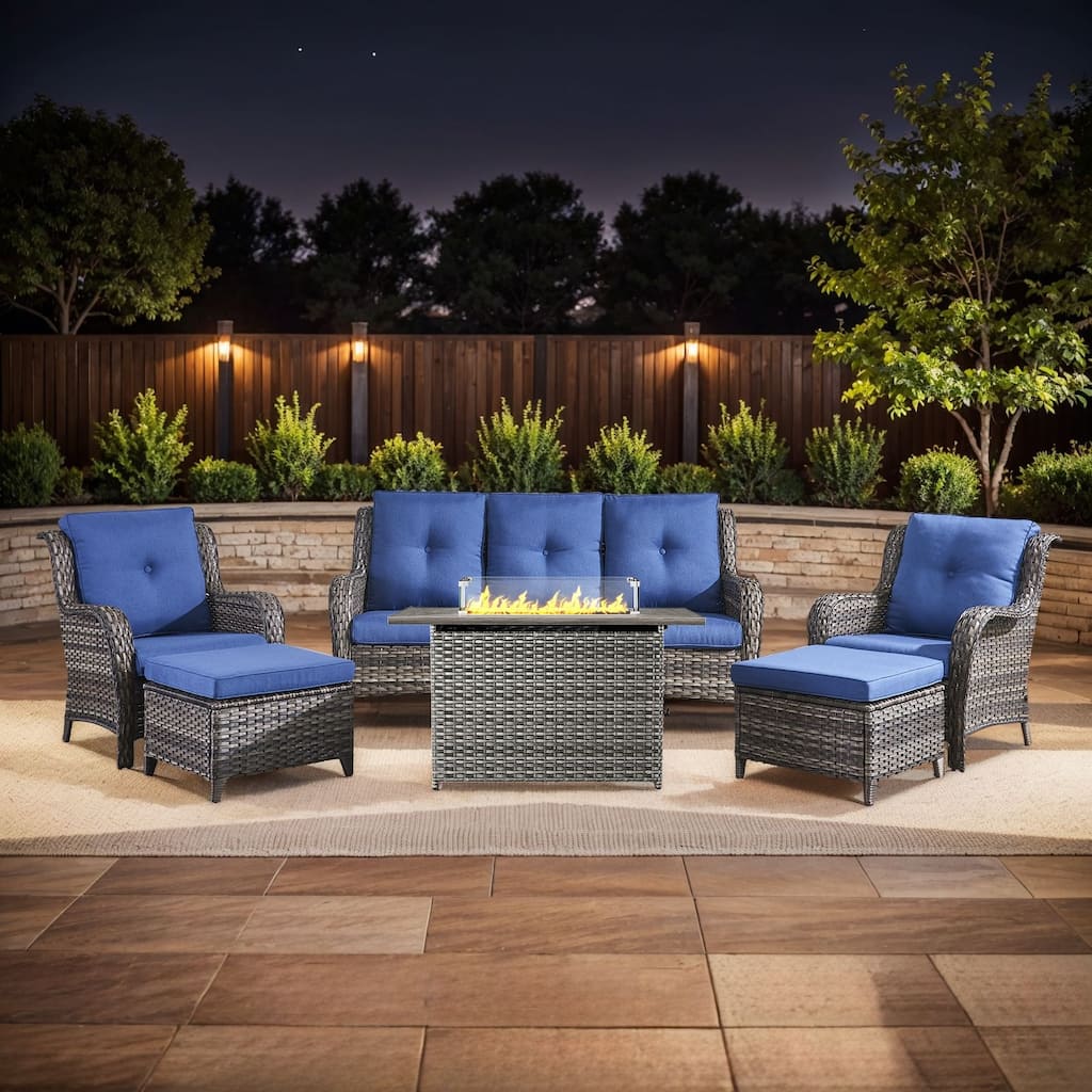 Fire Pit Table with Patio Sofa Chairs and Ottomans