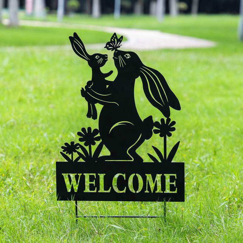 Glitzhome 30"H Multi-functional Metal Rabbit Flower Fairy Silhouette with Welcome Sign Garden Yardstake Wall Decor