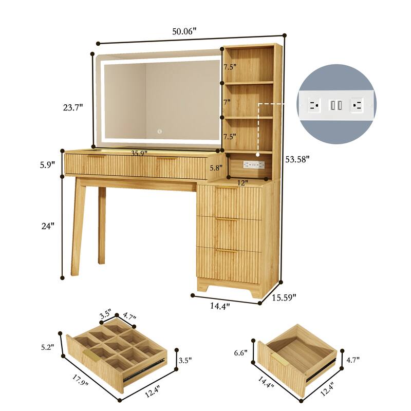 50" Makeup Vanity with 36" Lighted Mirror, 4 Dressers & Charging Station & 3 Light Modes