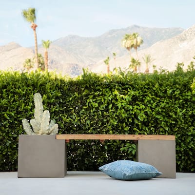 Ezra 67-inch Indoor-Outdoor Concrete and Teak Planter Bench - N/A
