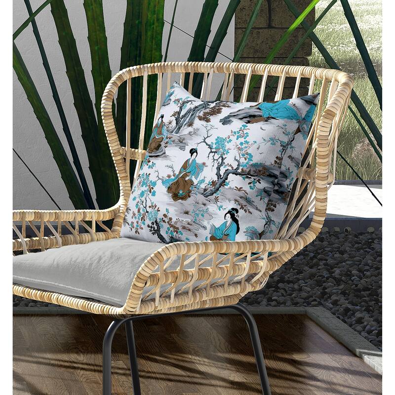 Imperial Palace Garden Indoor/Outdoor Reversible Throw Pillow Grey and Turquoise