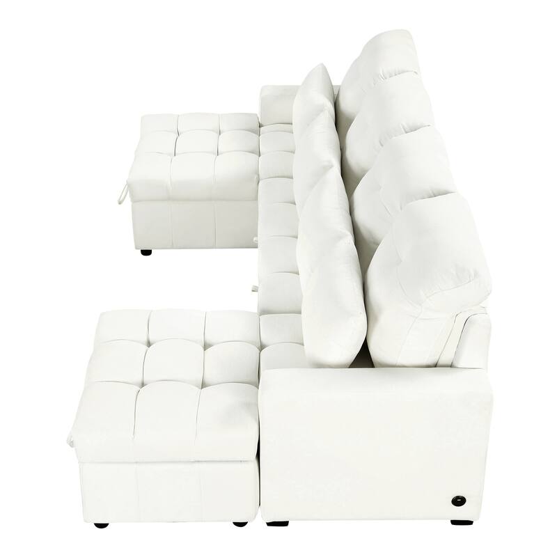 110.2" Oversized U-shaped Sectional Sofa Bed, Double Storage, 2 USB Ports, Beige Chenille for Living Room