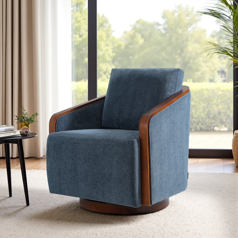 Upholstered Swivel Barrel Chair with Curved Wood Arms - Navy