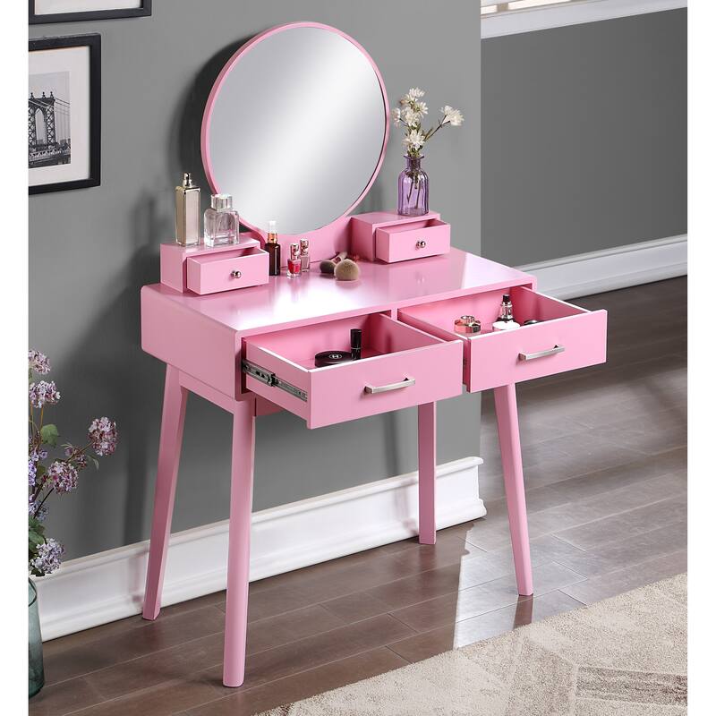 Liannon Contemporary Wood Vanity and Stool Set,Round Mirror