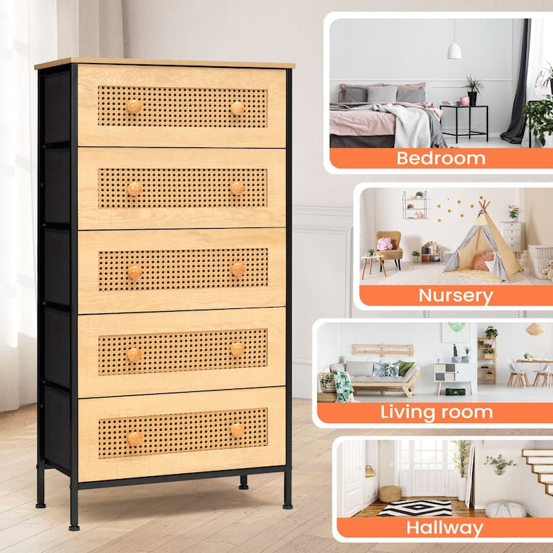 5-Drawer Closet Dresser Chest PE Rattan Storage Tower Organizer Cabinet