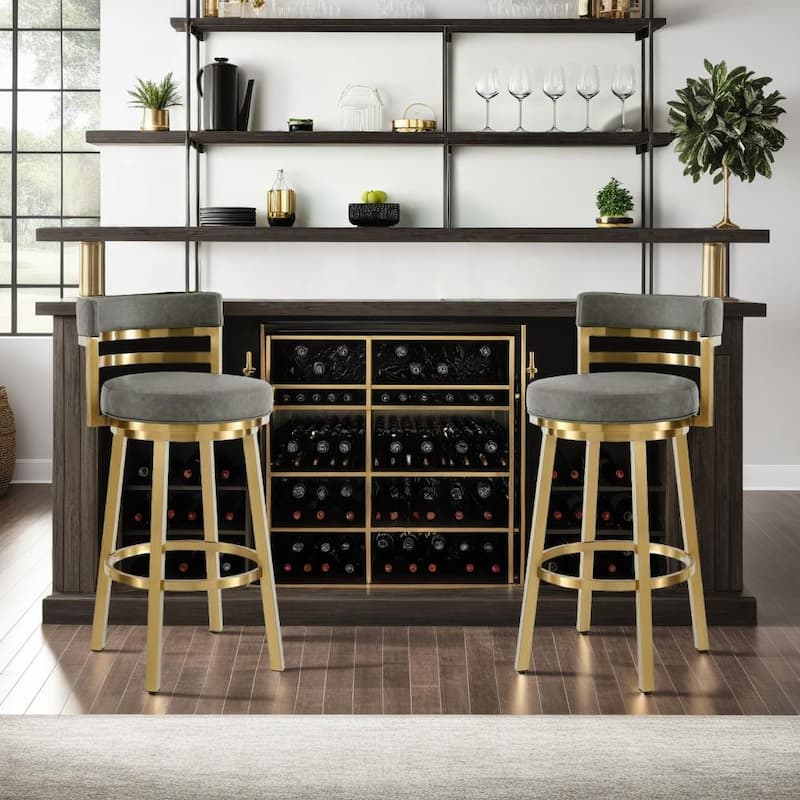 Madrid Modern Swivel Bar Stool, Upholstered Counter Height Chair with Metal Frame - Gray & Gold - Bar Height