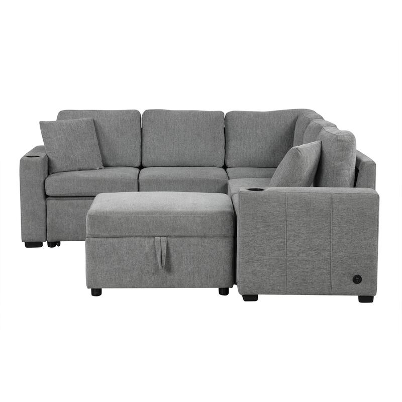 Convertible Sectional Sofa with Pull-out Sofa Bed and Dual Cup Holders