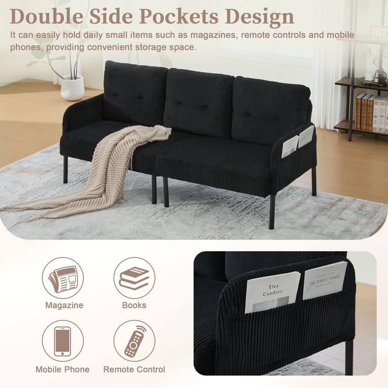 HOMEFUN Corduroy Upholstered Oversized Wood Frame Loveseat Sofa with Metal Legs and Side Pockets