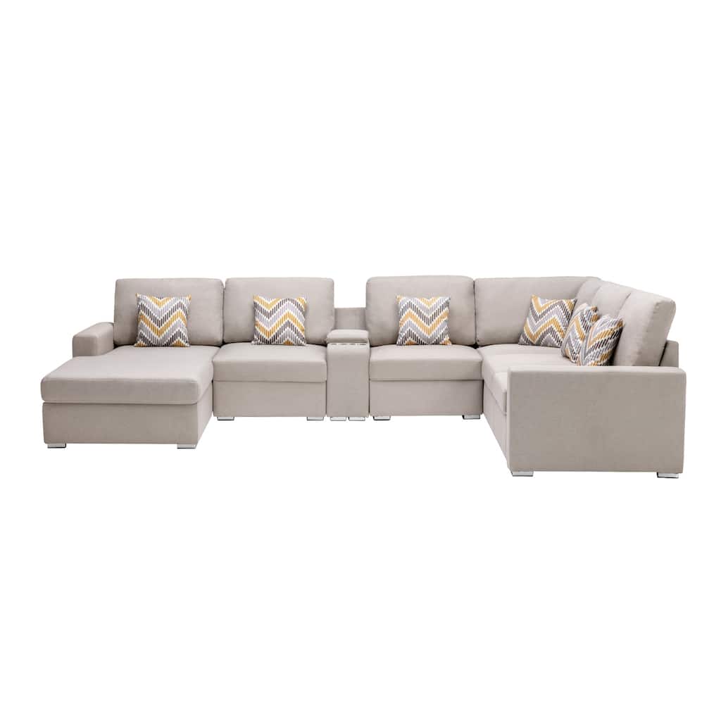 Linen Fabric 7 Piece Reversible Chaise Sectional Sofa with Storage Console Table and 6 Pillows