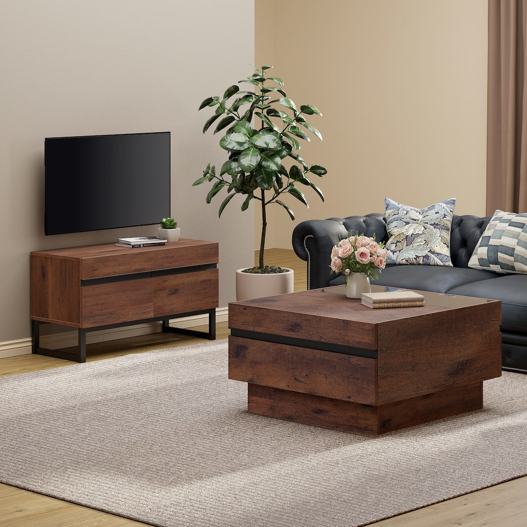WAMPAT Modern TV Stand and Coffee Table Set of 2, Brown