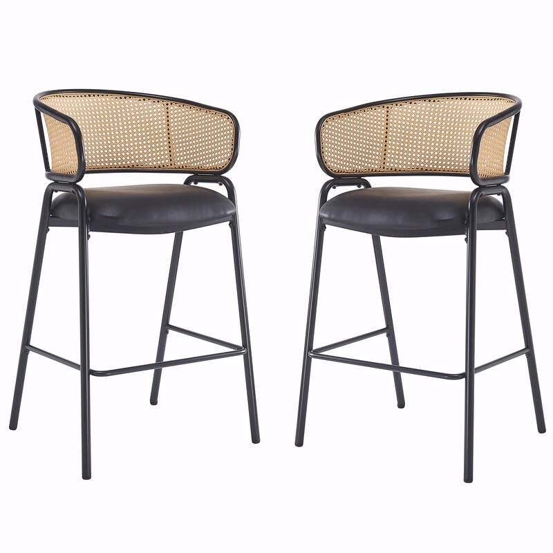 Ethan Upholstered Metal Bar Stools with Faux Leather Seat and Rattan Back, Set of 2