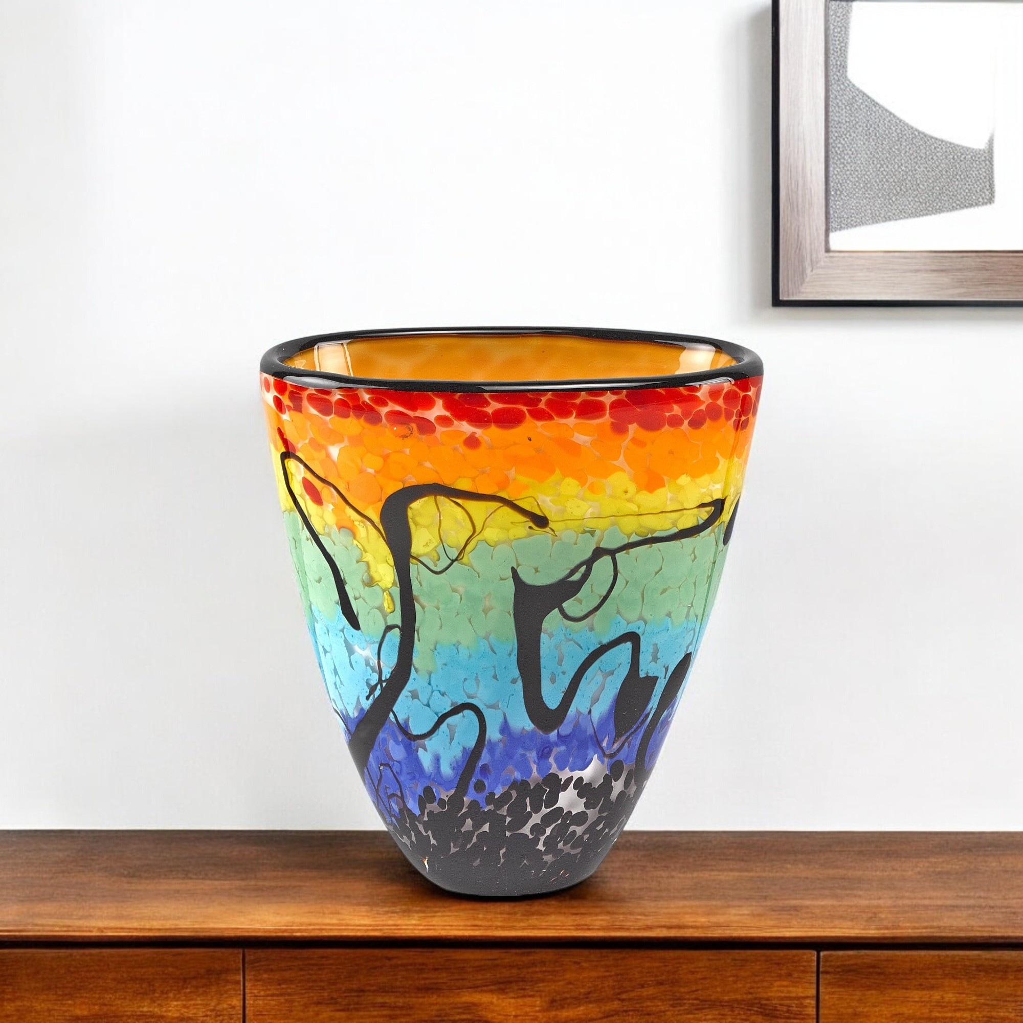 HomeRoots 8" Red Orange Blue And Black Blue Abstract Oval Murano Glass Table Vase