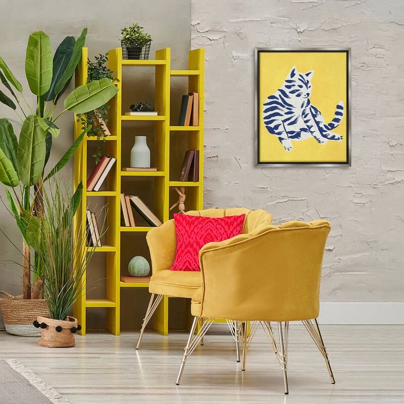 Stupell Unique Bright Cat on Yellow Framed Floater Canvas Wall Art Design By June Erica Vess