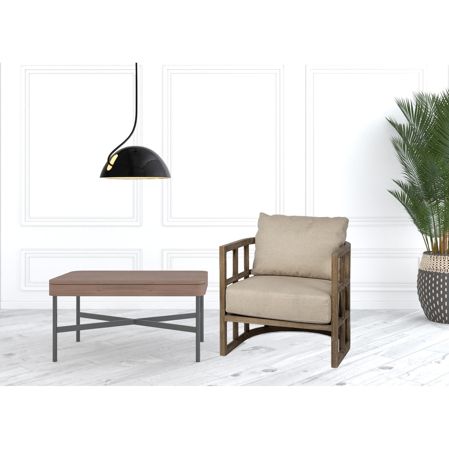 HomeRoots 30" Cream and Brown Fabric Arm Chair - 29.75 in. x 33.75 in. x 29 in.