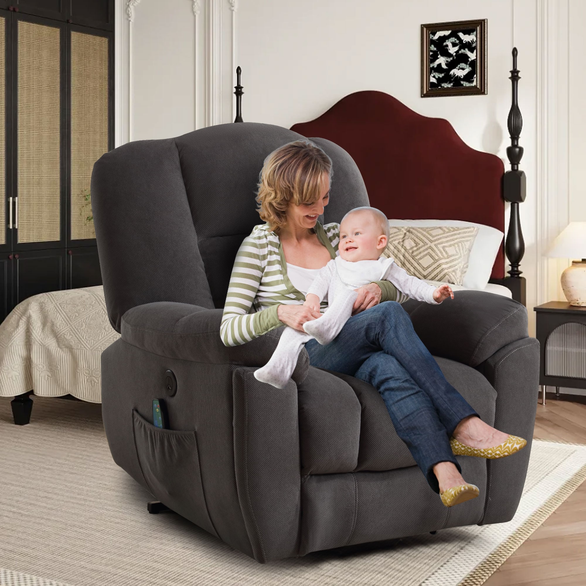 Power Lift Recliner Massage Chair for Elderly with Heat Massage USB Side Pocket Beige