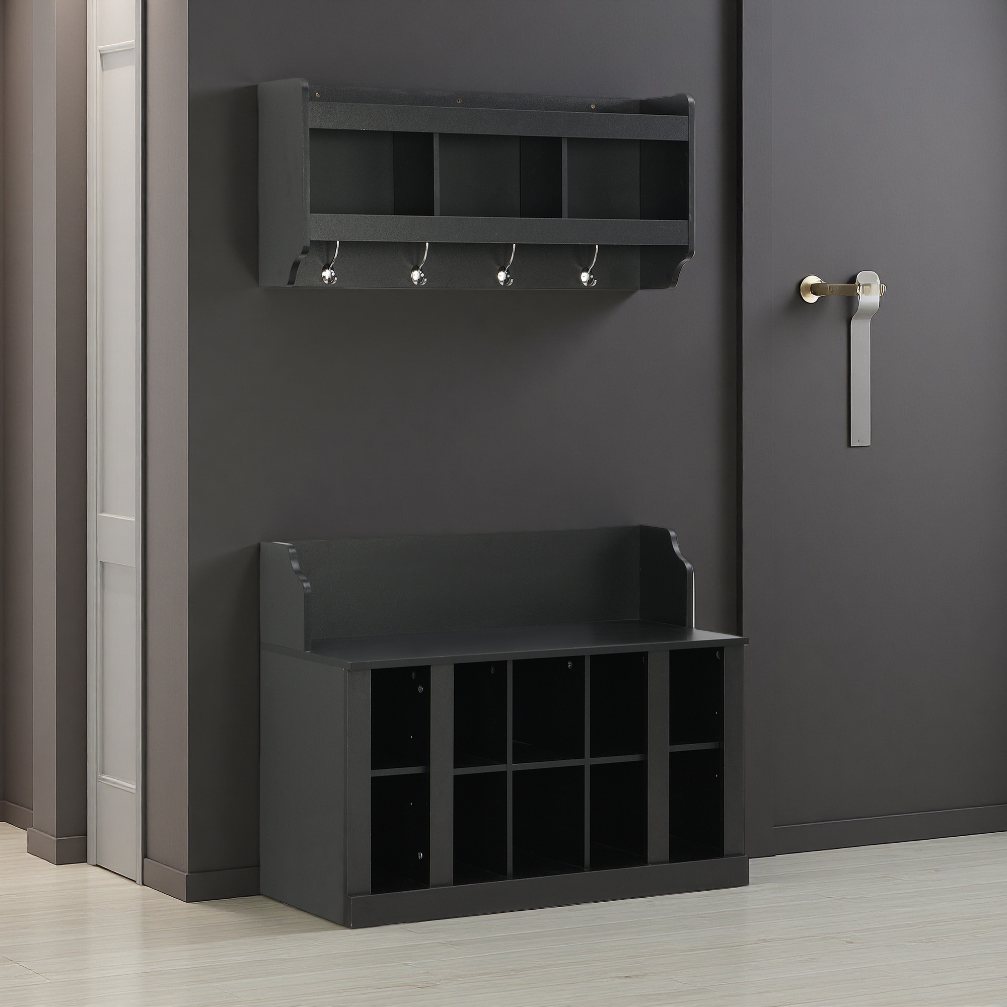 35.4"L Particle Board Shoe Storage Bench with 4 Hooks and Wall-Mounted Cabinet for Entryway Organization