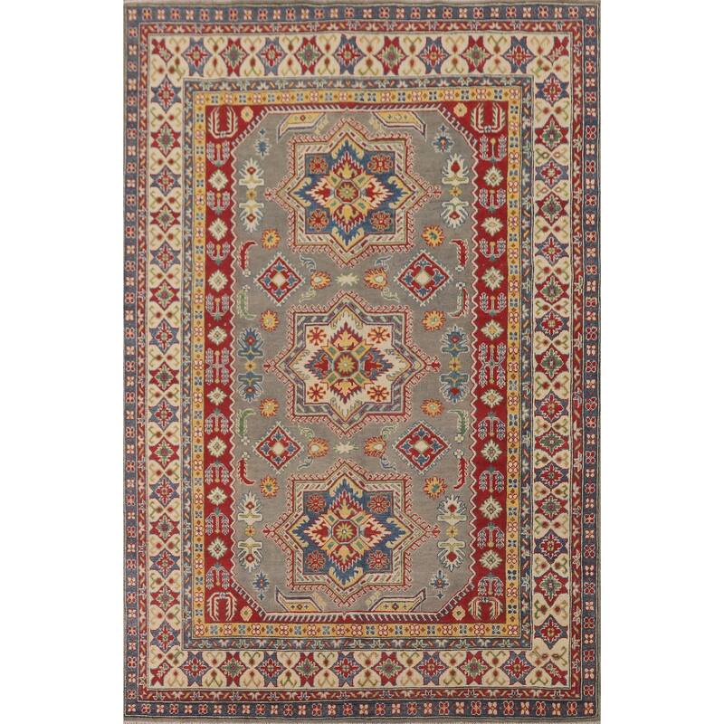 Geometric Kazak Area Rug Hand-Knotted Living Room Wool Carpet - 6'8" x 9'7"