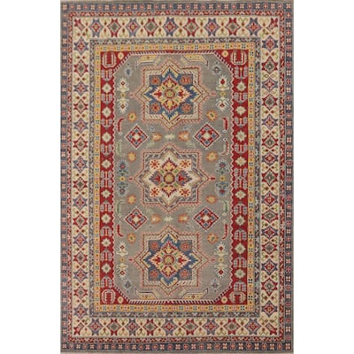 Geometric Kazak Area Rug Hand-Knotted Living Room Wool Carpet - 6'8" x 9'7"