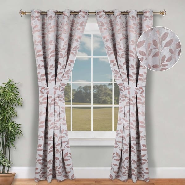 slide 2 of 7, Superior Leaves Machine Washable Room Darkening Grommet With Ties Blackout Curtains, Set of 2 46" x 84" - Champagne