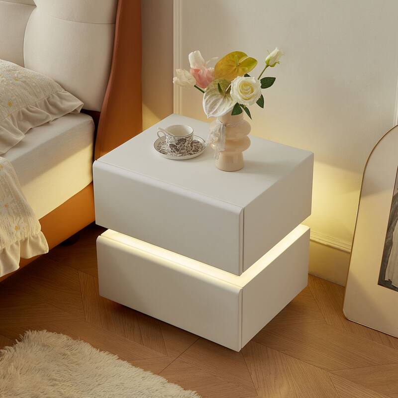 LED Light Bar Nightstand, 2 Drawer Modern Leather Wrapped Nightstand for End of Bed, Side Table, No Assembly Required - White