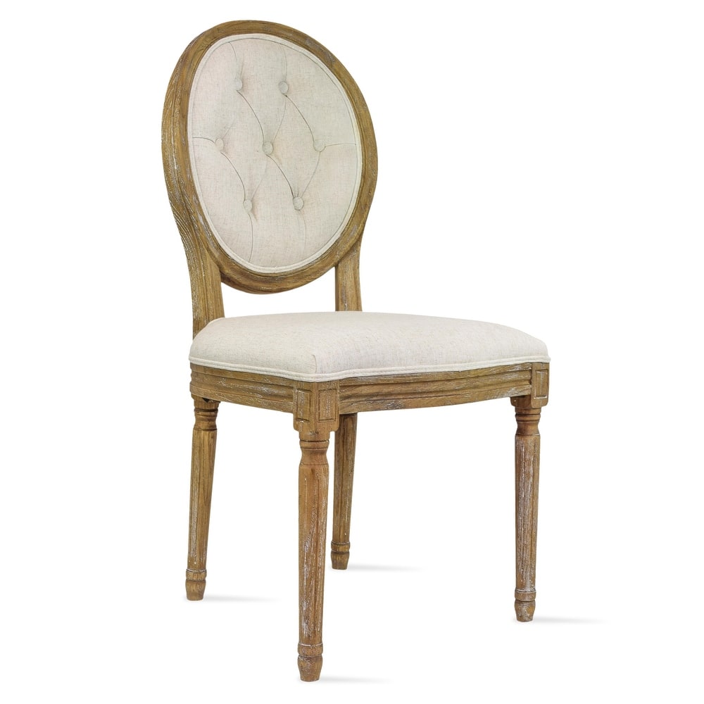 French Chic Vintage Style Dining Side Chair With Upholstered Linen Welted Fabric And Elegant Natural Rustic Wood Frame