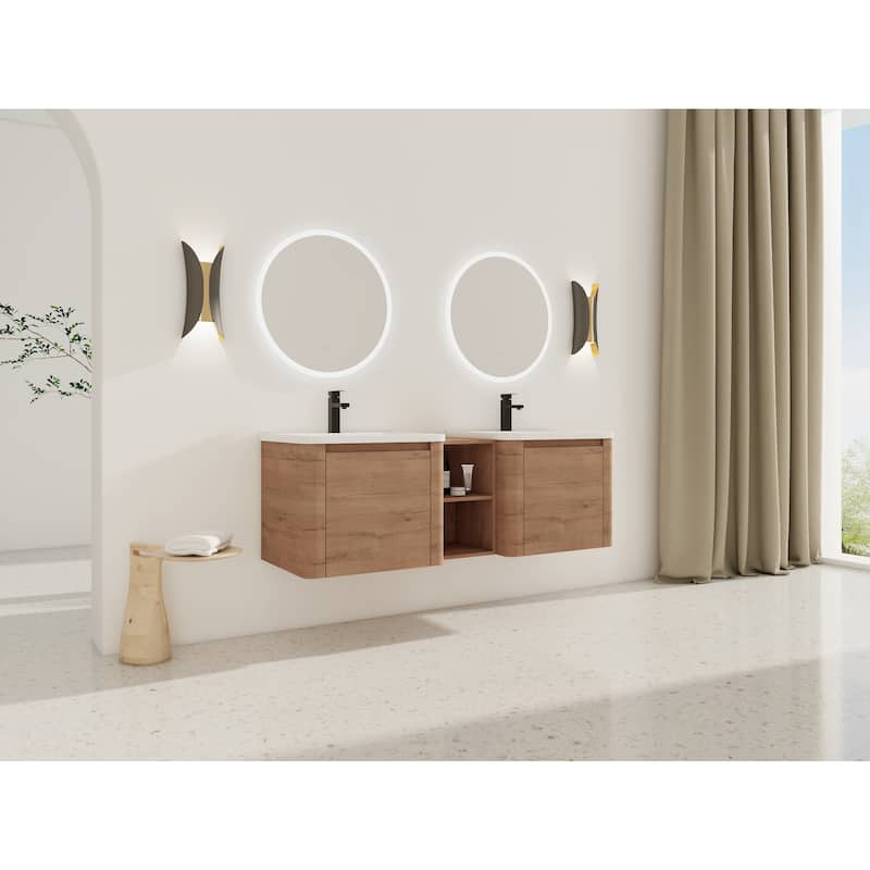 Wall-Mounted Bathroom Vanity with Ceramic Sink and Storage Shelves - Imitative Oak