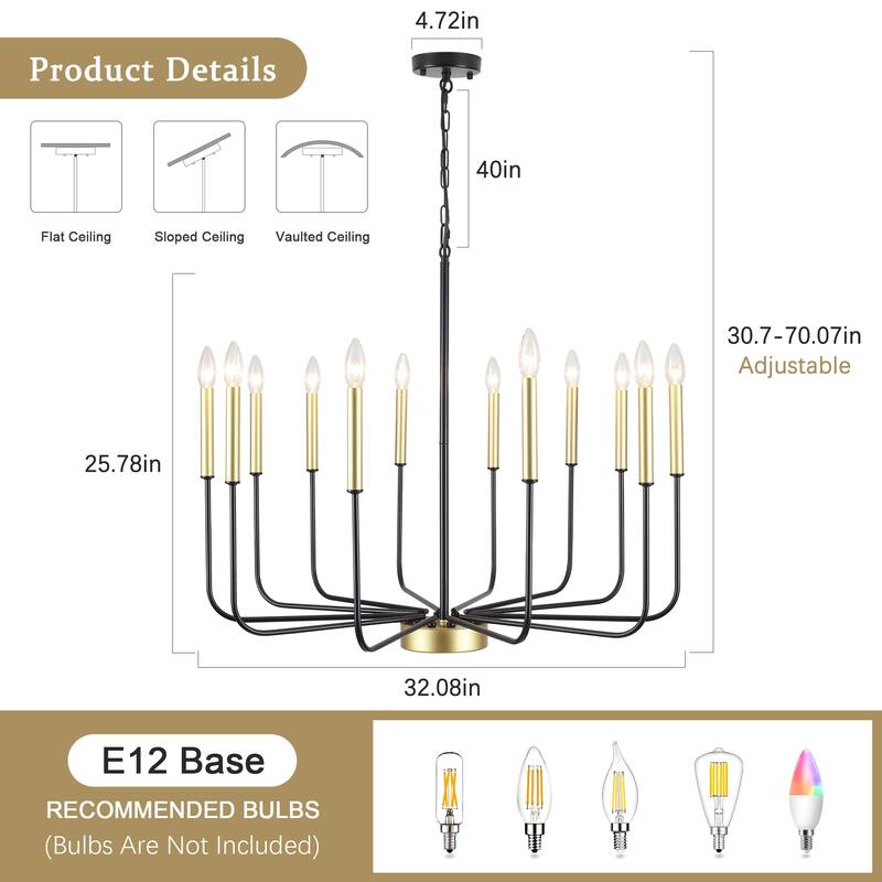 12-Light W32.08" x H70.07" Rustic Candle Chandelier for Dining Room Bedroom