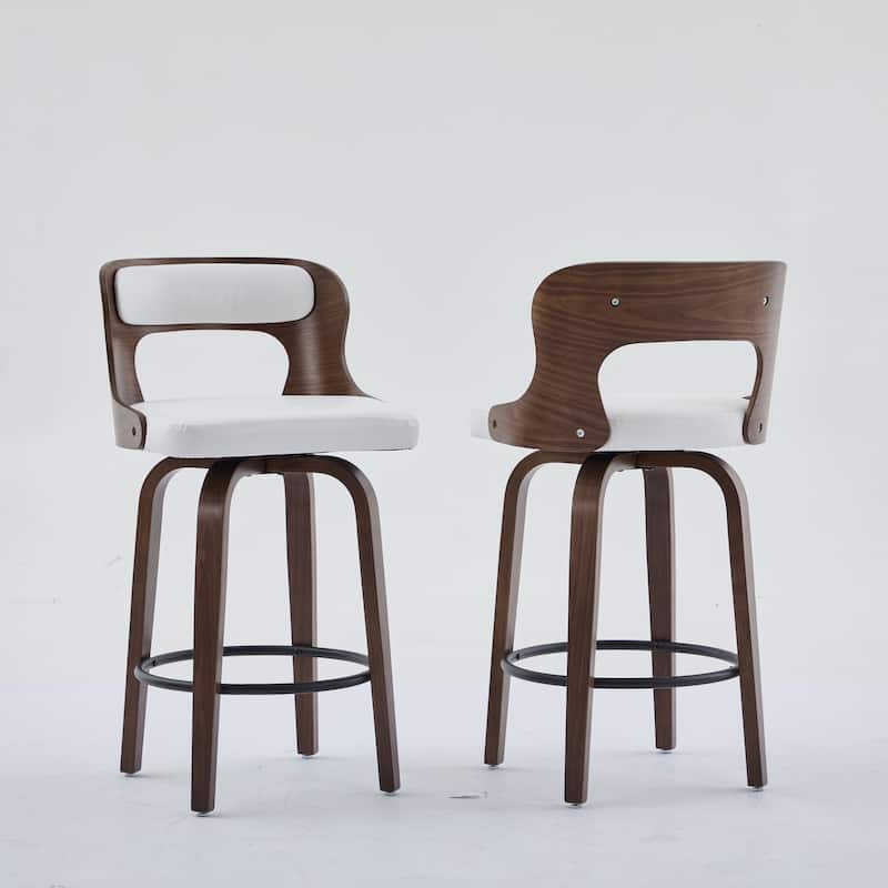 SEYNAR PU Leather 360 Degree Swivel Open Back Bar Stools Wood Legs Set of 2