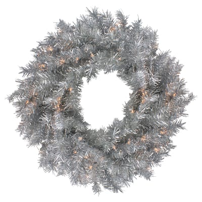 24" Silver Tinsel Artificial Christmas Wreath Clear Lights